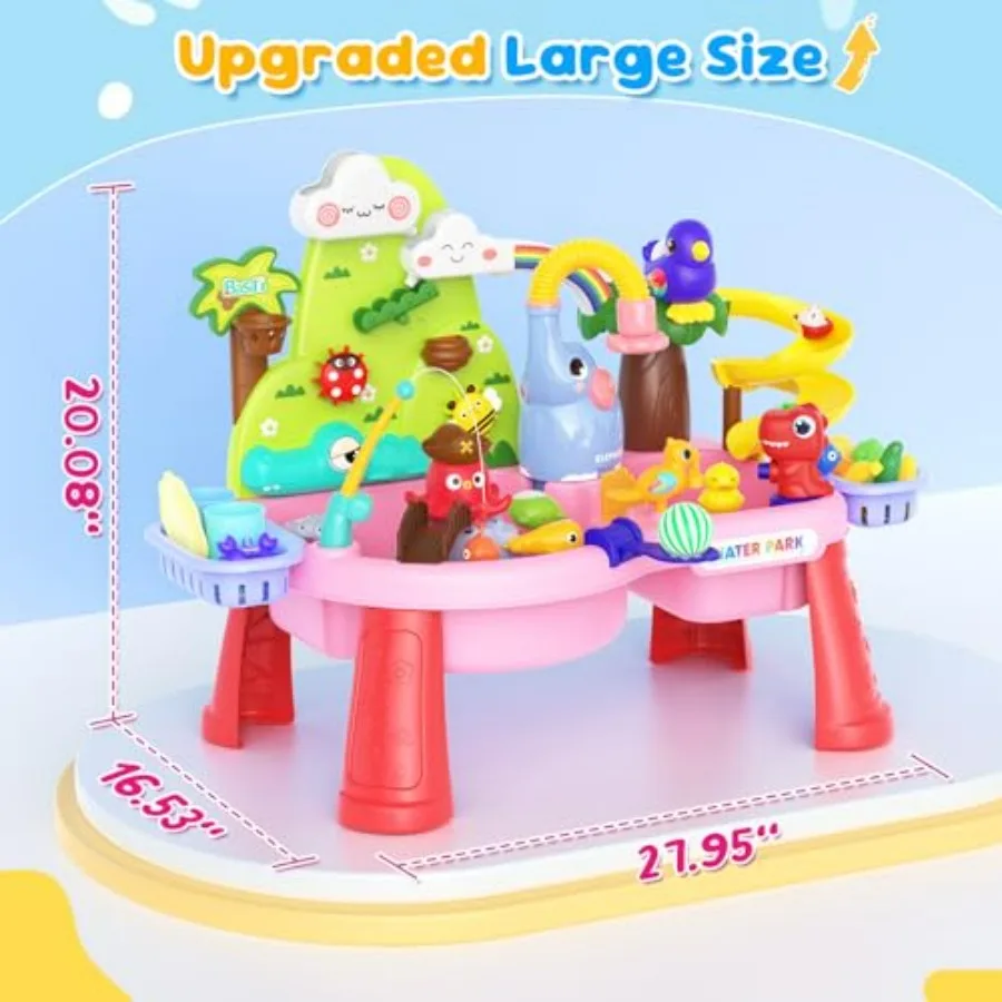 Outdoor toddler water table for ages 1-3, pink plastic with pump, running water, fishing toy, play food accessories, and kitche