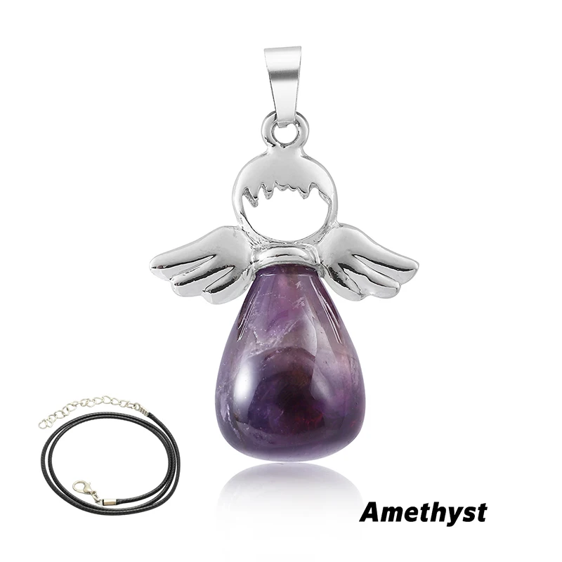 

Fashion Natural Gemstone Angel Pendant Necklace Rose Pink Quartz Aventurine Crystal Pendant Silver Drop Women's Jewelry Silver