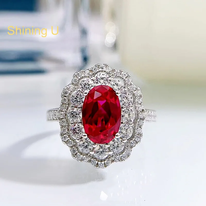 

Shining U S925 Silver High Carbon Daimond 6*9mm Ruby Oval Ring for Women Fine Jewlery Anniversary