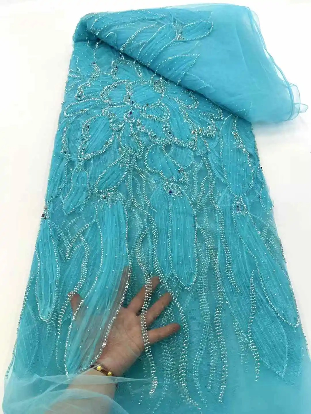 

Nigerian 2024 New Beauty Sky Blue Tulle Lace Fabrics With Heavy Beaded High Quality African Sequins French for Wedding Dress