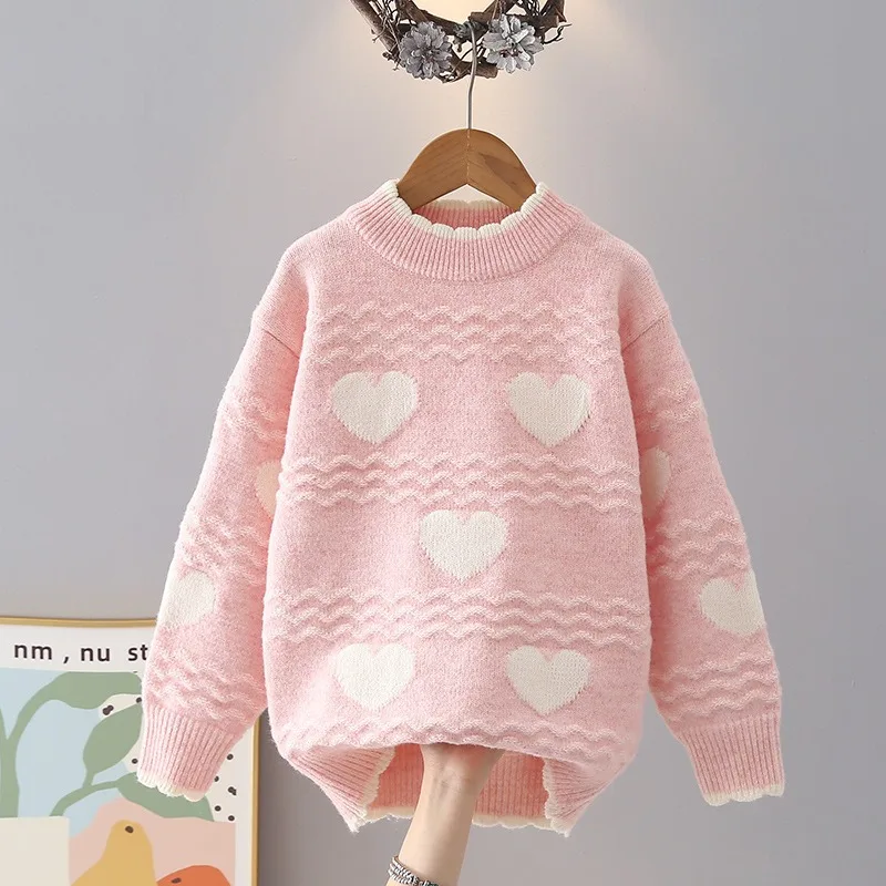 Heart-shaped Wave Crew Neck Girls' Children Winter Sweater Thickened Girls Kids' Knitted Wool Warm Pullover Kids Loose Fit Daily