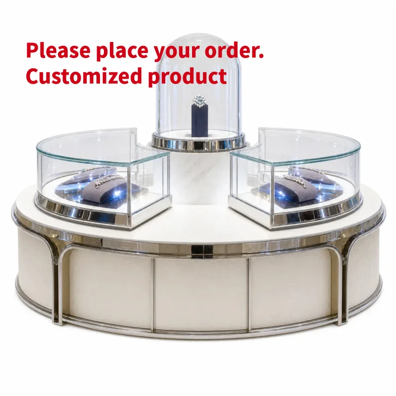 custom.Custom Curved Jewelry Display Cabinet White Gold Frame Glass Shelves LED Lighting Jewelry Showcase Retail Store Bouti