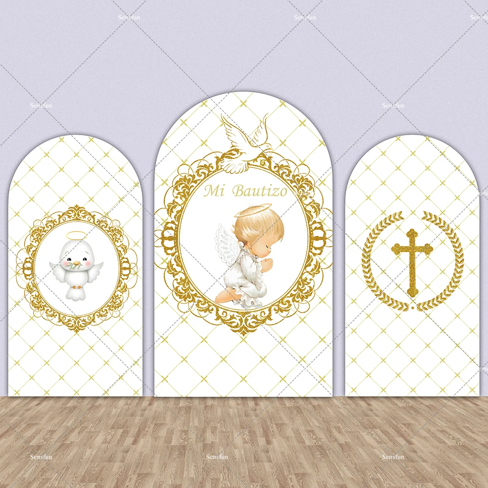 Baptism โค้งผนัง Chiara ฉากหลัง Gold Cross God Bless Baby Shower การถ่ายภาพพื้นหลัง Photobooth เค้กตารางแบนเนอร์