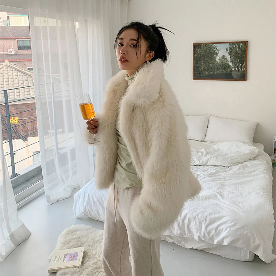 Faux Fur Coats Women Full Sleeve Turn Down Collar Short Coat Thick Warm Y2k Streetwear Elegant Jackets Y2k Work Autumn Winter