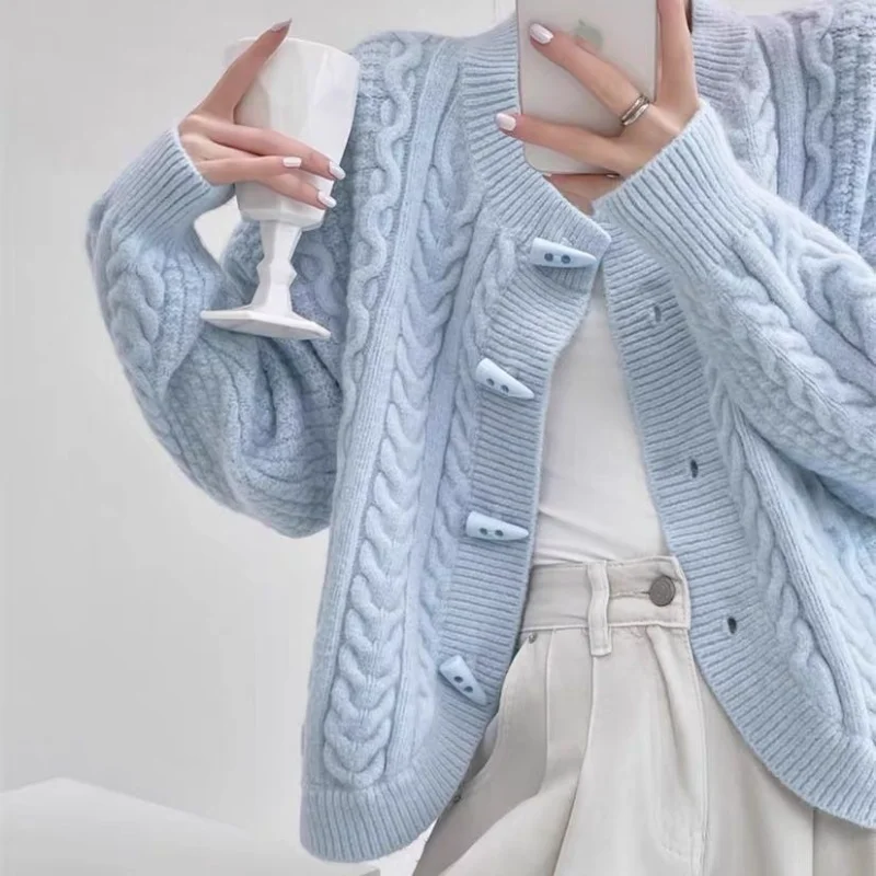 Cardigan twist lavorato a maglia Giacca autunno inverno Nuovo maglione ampio girocollo a maniche corte