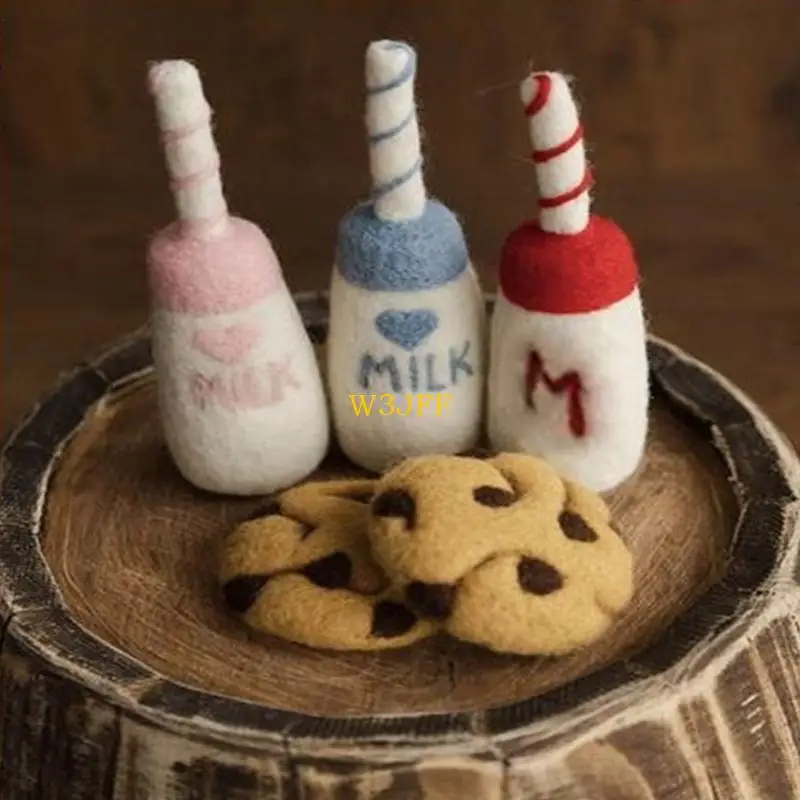 W3JF DIY Baby Wollfilz Milch Flasche + Cookies Dekorationen Neugeborenen Fotografie Requisiten Infant Foto Schießen Zubehör