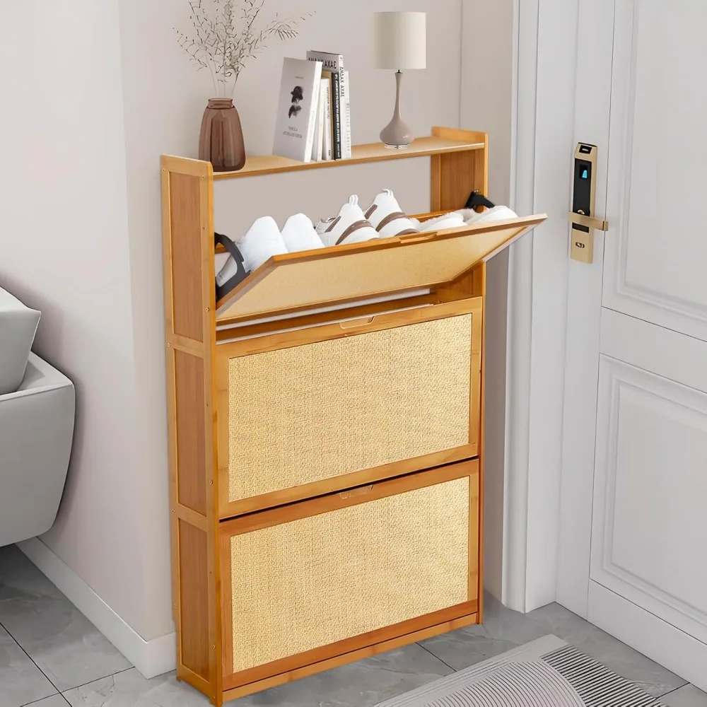 

Rattan shoe storage cabinet for Entryway, Bamboo Slim Shoes Cabinet with 3 flip drawers, Freestanding shoe organizer for Hallway