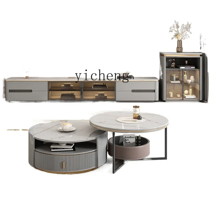 

Stone Plate TV Cabinet Living Room Small Apartment Marble Coffee Table Glass Door Floor Cabinet Combination