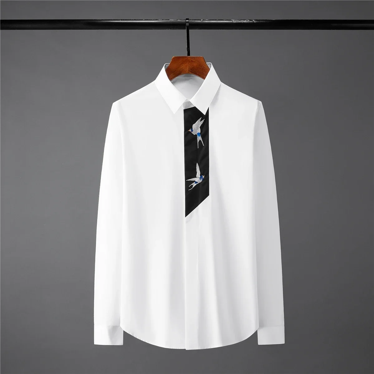 New Pigeon Embroidery Male Shirts Luxury Long Sleeve 100% Cotton Casual Mens Dress Shirts Fashion Slim Fit Party Man Shirts 2XL