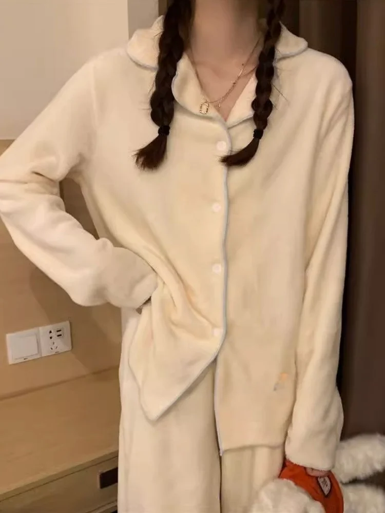 Coral Fce Damen Spwear Thiened Flanell Home Kleidung Long Sve Lange Hosen Wintersaison Einfache Sle Reine Farbe