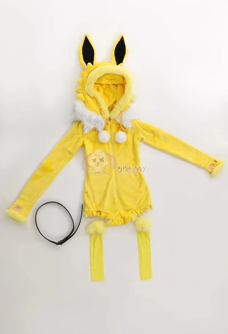 Sexy Deep V Hooded Bodysuit Socks Suit Bunny Girl Lolita Cartoon Plush Pajamas Christmas Anime Jolteon Cosplay Costume For Women