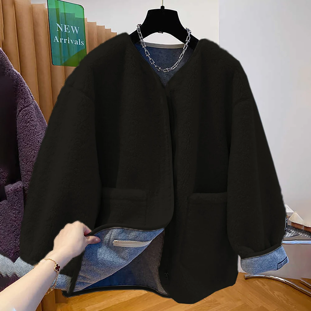 Women Purple Lambswool Jacket 2025 New Autumn Winter Warm Casual Oversize Coats Thickened Fashion Velvet Fur Jackets