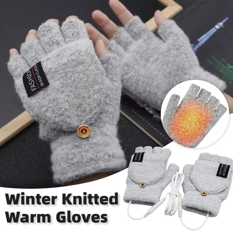 قفازات شتوية جديدة دافئة وسميكة محبوكة بنصف إصبع، لتدفئة اليد في المنزل والخارج ومضادة للبرد USB للرجال والنساء