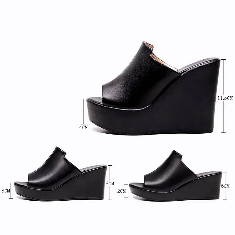 Small Size 33-43 Comfortable Thick Bottom Genuine Leather Slippers Platform Shoes Women 2024 Summer High Heels Slides Office Mom