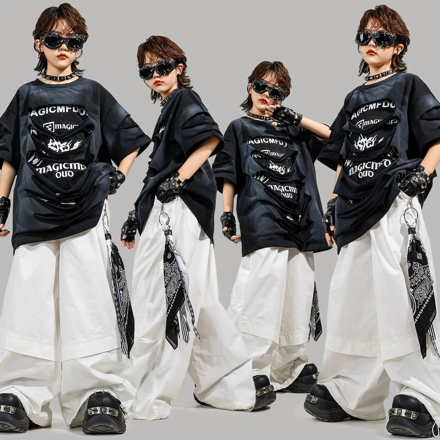 

Kid Kpop Hip Hop Clothing Black Distressed Ripped T Shirt White Casual Wide Leg Pleated Pants for Girl Boy Dance Costume Clothes