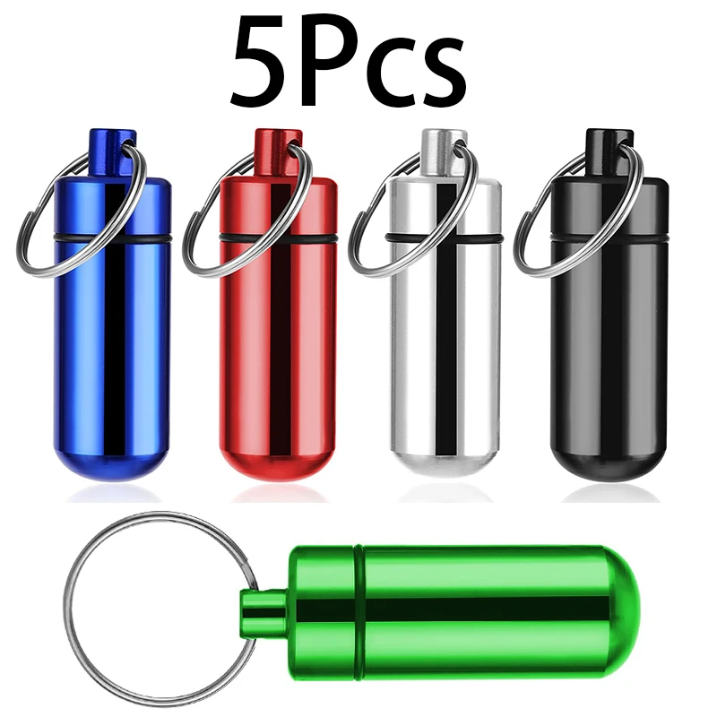 

5Pcs Waterproof Aluminum Pill Box Case Bottle Holder Container with Keychain Multi Colors