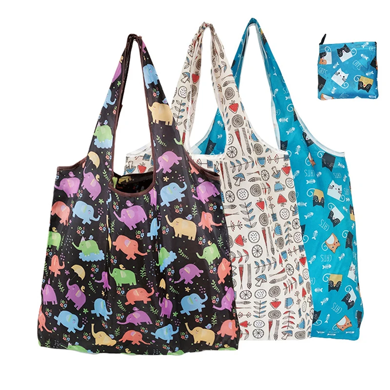 1PC Foldable Shopping Bag Reusable Travel Grocery Bag Eco-Friendly Cute Animal Printing Supermarket Tote Bag