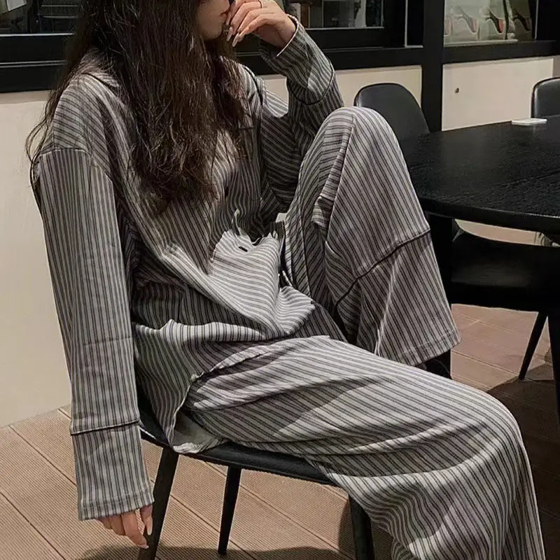 Pajama Set Women Homewear Striped Minimalist Leisure Fashion Comfortable Loose Female Korean Style Spring Temperament New Tender