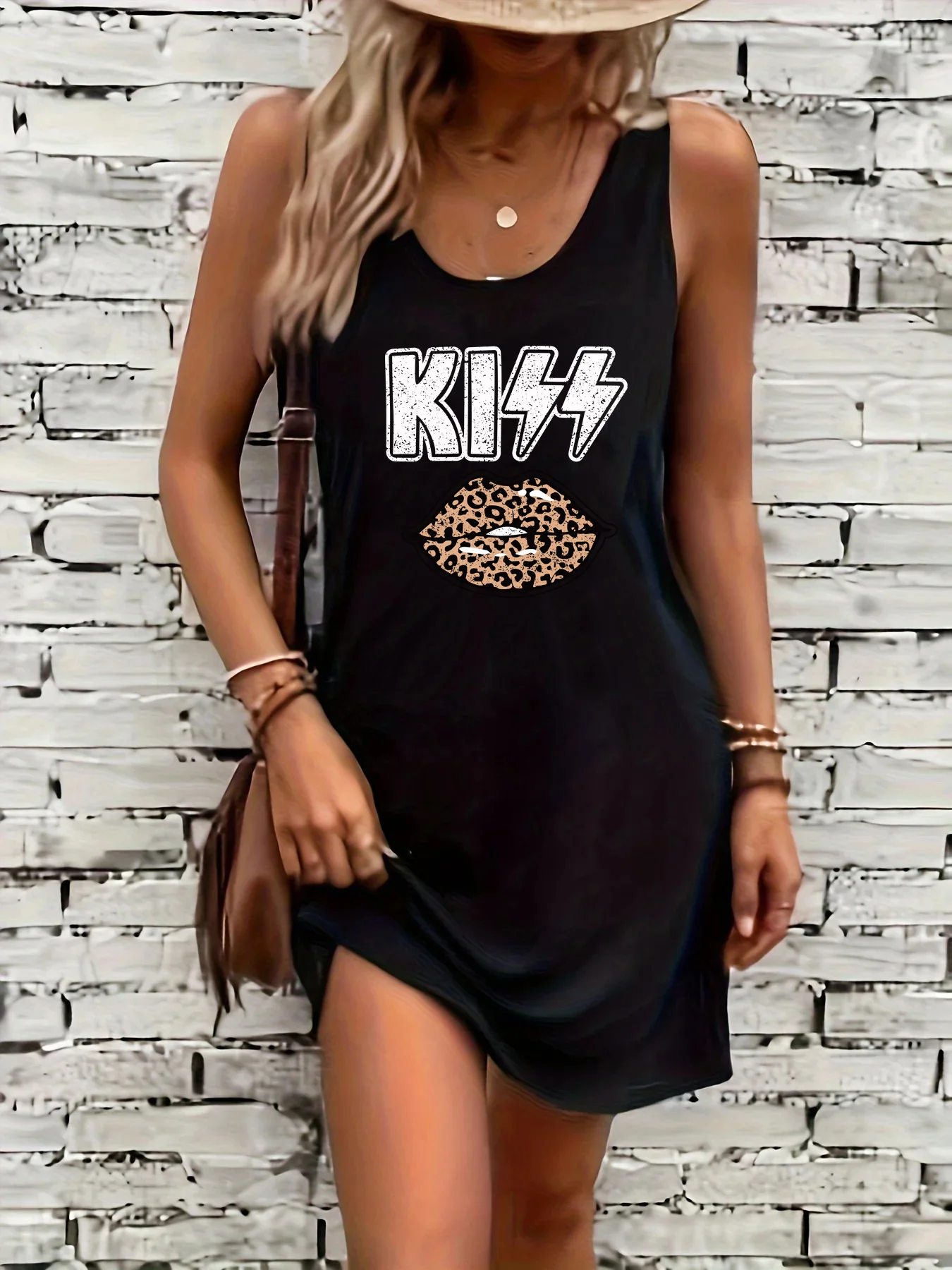 Vestido de verano para mujer, holgado y cómodo, informal, con estampado de labios, chaleco sin mangas negro, falda, estilo punk