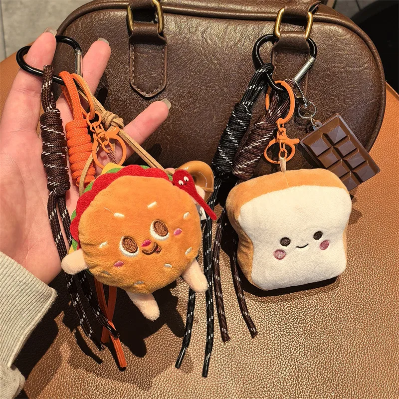 Lindo Llavero de Peluche Serie Miu con Diseño de Hamburguesa y Tostada, Colgante de Juguete de Cuerda Tejida para Bolsa, Llavero Creativo para Decoración de Coche, Amuleto de Regalo