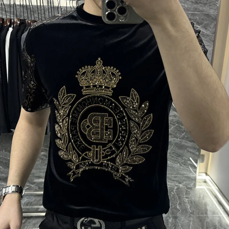 2023 European New Men\'s Luxury Short Sleeve T-shirt Fashion Hot Diamond Personalized Flower Casual Round Neck Slim Fit T-shirt