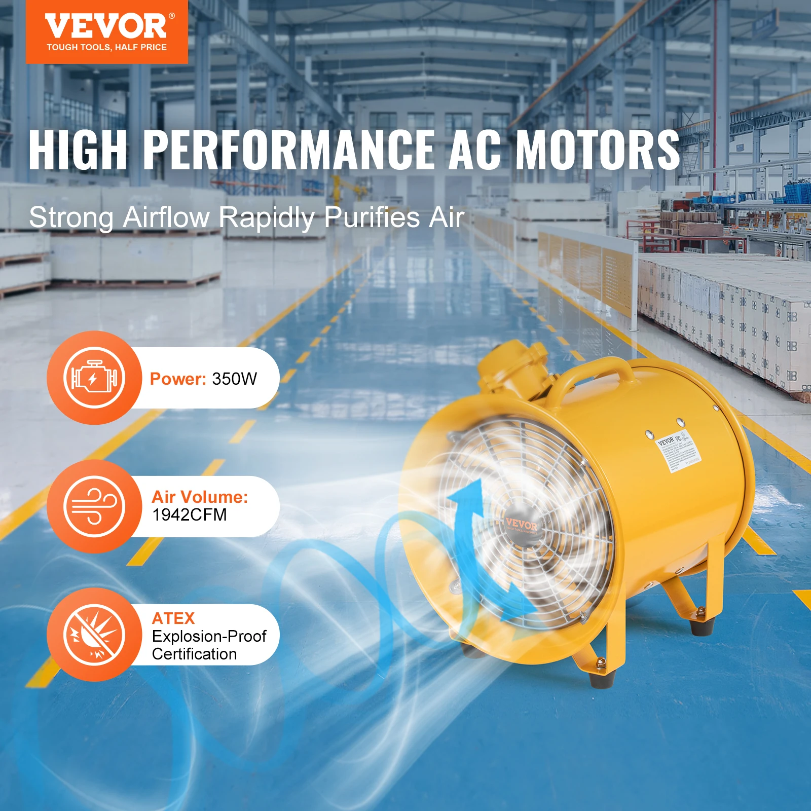 VEVOR Portable Ventilation Fan 350W/550W/1100W Industrial Exhaust Fan Air Clean Extractor Blower for Factory Warehouse Homeuse