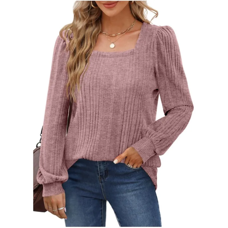 2024 Female Square Collar Long Sleeve T-Shirt Blouse Office Lady Spring Autumn New Fashion Elegant Solid T-Shirts For Women Tops