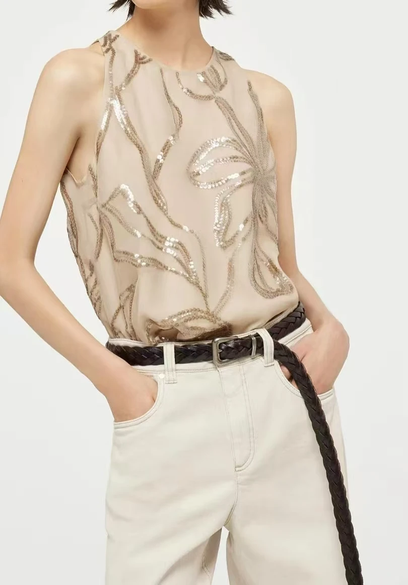 Early Spring New Arrival: High-Quality, Stylish, And Elegant Women'S Silk Camisole — Sequin-Embellished Round Neck