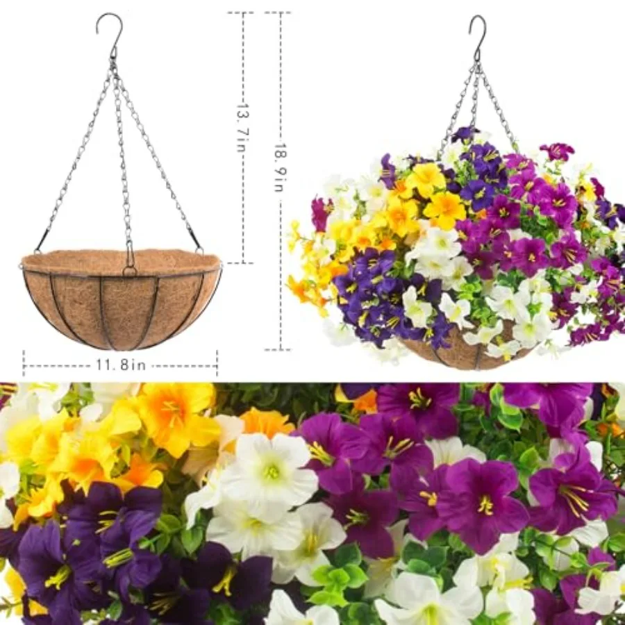 Outdoor hanging baskets decor: UV-resistant faux petunias in white, yellow, purple, red-violet; 24 pcs, 2 sets, for front door