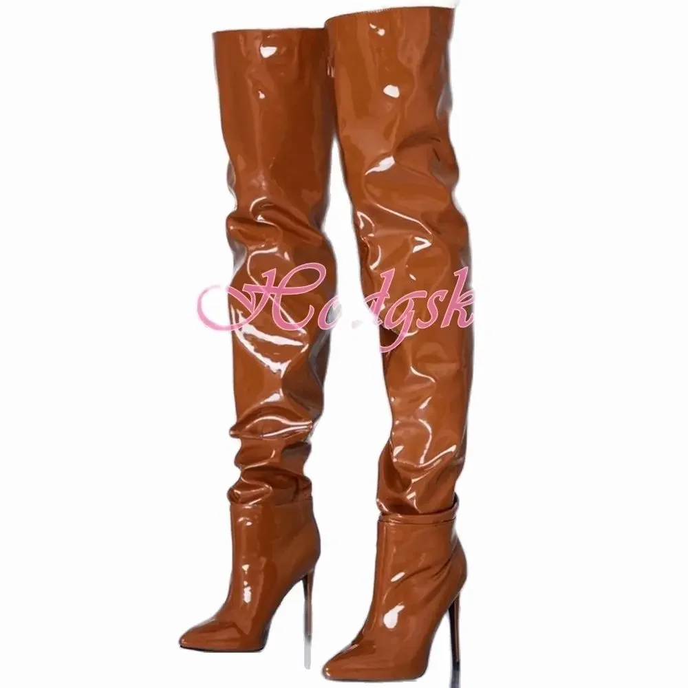 Patent Leather Thigh High Boots Solid Brown Pointy Toe Thin High Heels Women Runway Shoes Zipper Party Dress Long Boots Fashion