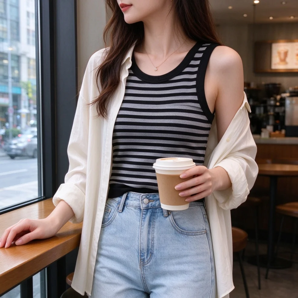 Blusa Feminina Canelada Listrada Sem Mangas