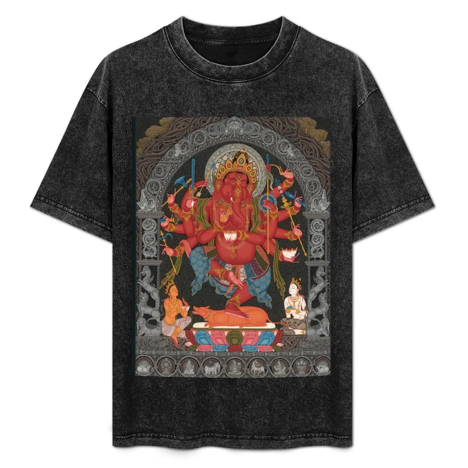 

Mandala 127 Red Twelve Armed Ganesh Sakya T-Shirt Summer Holiday Casual Tee