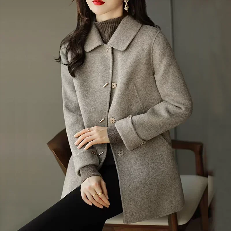 Slim Cotton Woolen Women's Coat Warm Turndown Collar Solid Long Straight Coat Female Thickened Autumn Winter Jacket