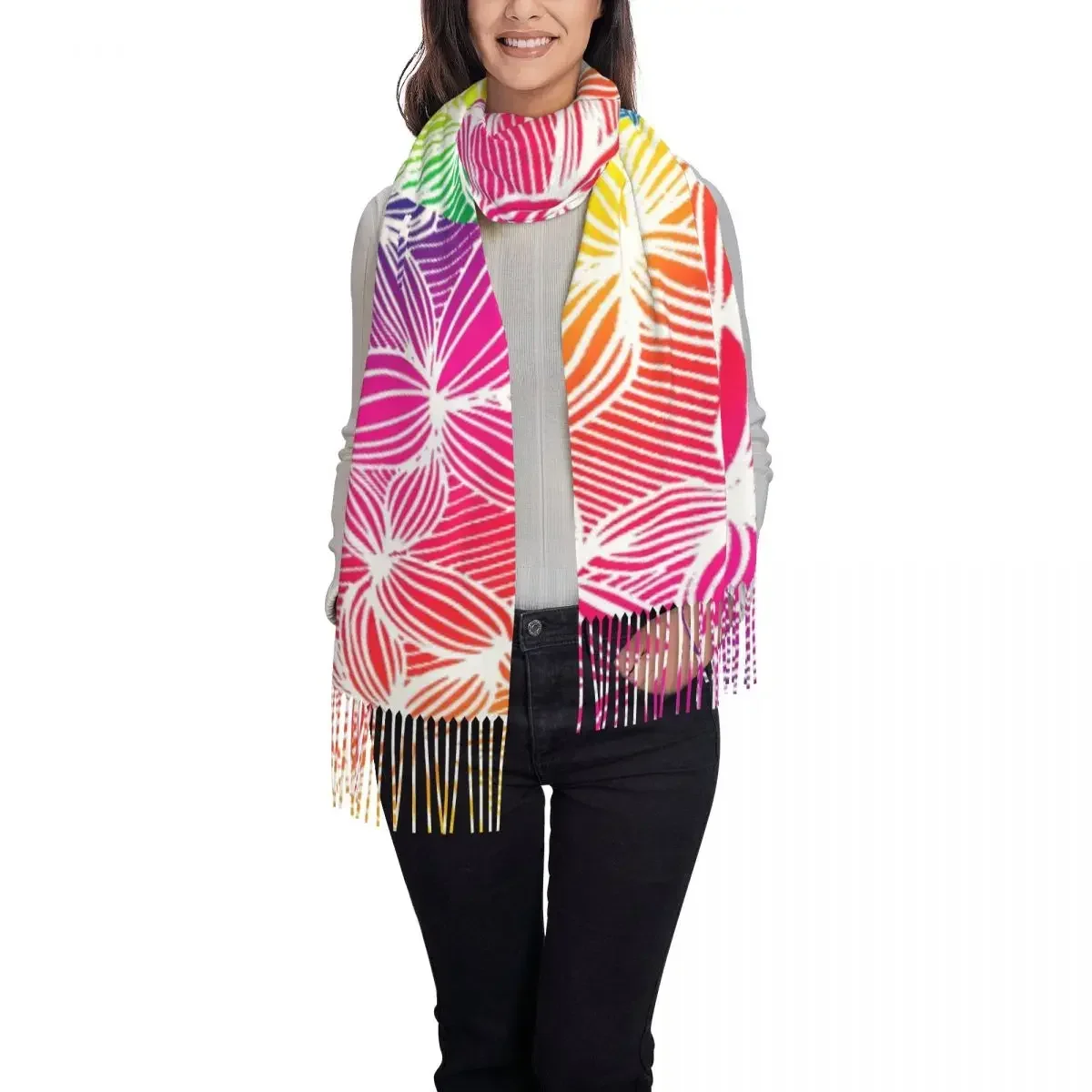 Curve Print Scarf with Long Tassel Rainbow Lines Warm Shawl Wrap Ladies Printed Scarves Wraps Winter Retro Bufanda