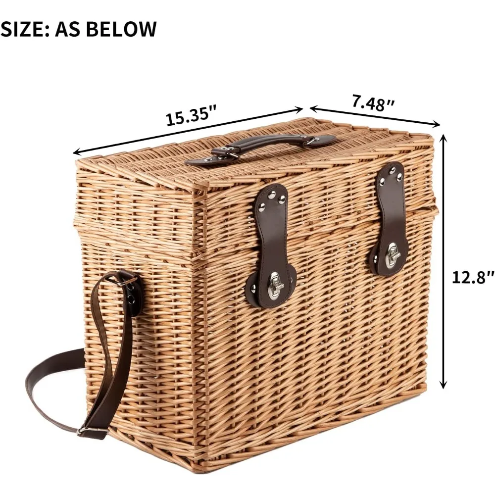 Wicker Picnic Basket, Rectangular Storage Basket with Carrying Strap for Camping Travel Party