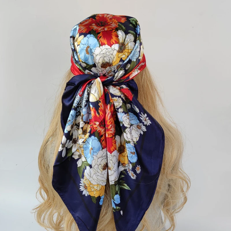 Nueva bufanda de seda para mujer, pañuelo cuadrado grande de 90cm con estampado de pintura al óleo, bufanda de satén personalizada con girasol
