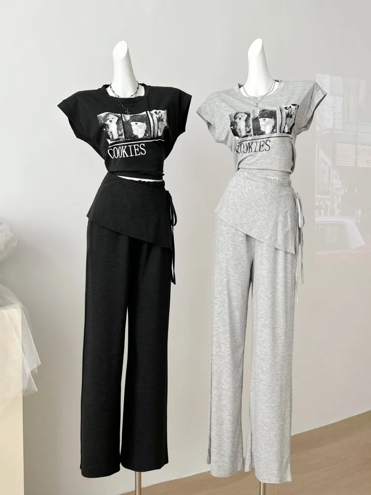 

Летняя одежда, женский комплект из двух предметов, мягкие уютные топы с короткими рукавами и принтом, брюки с завязками на талии, комплект стильных съемных юбок