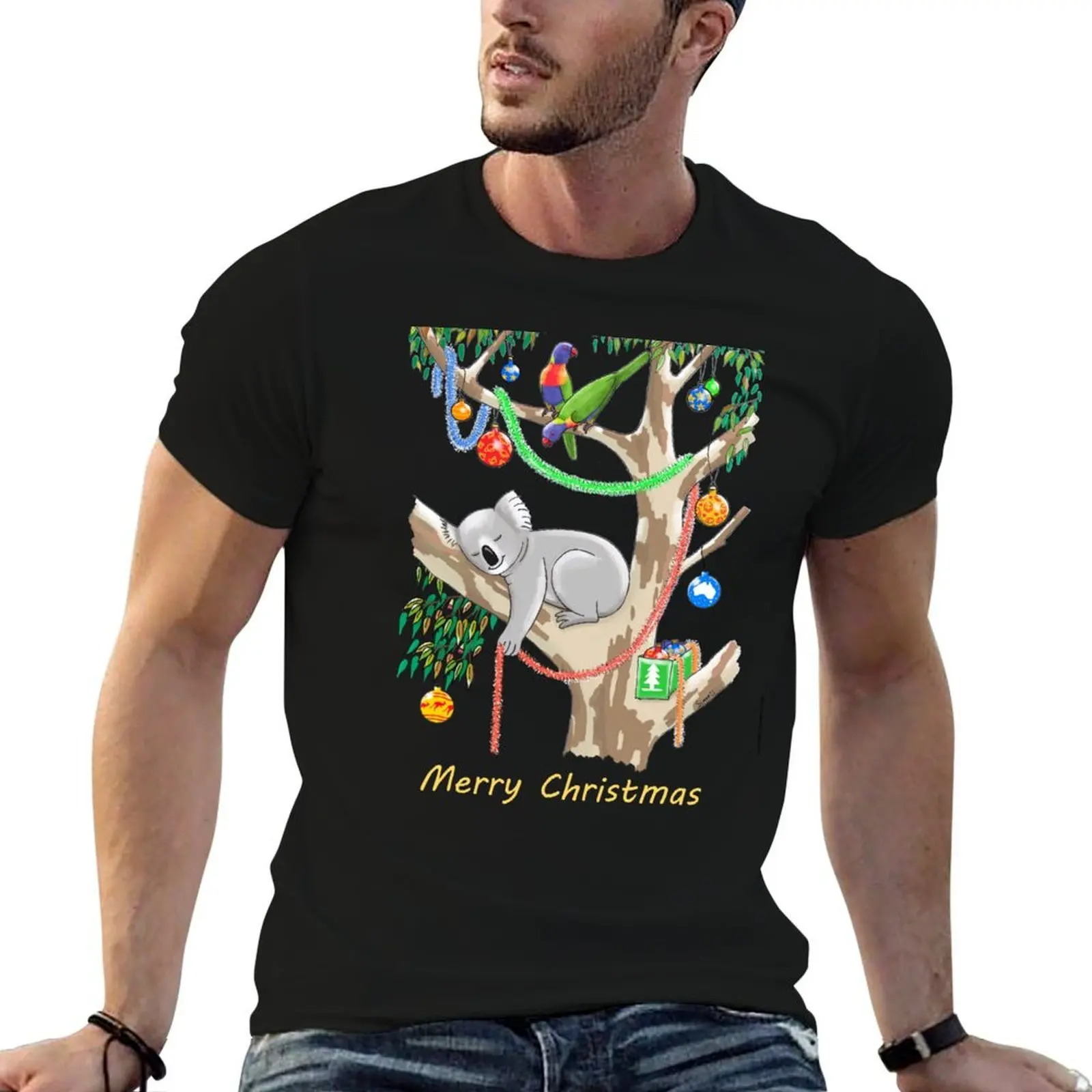 

Sleepy Christmas Koala and Lorikeets T-Shirt t shirts for man cotton soft t shirt men 100% cotton luxury brand T-Shirt