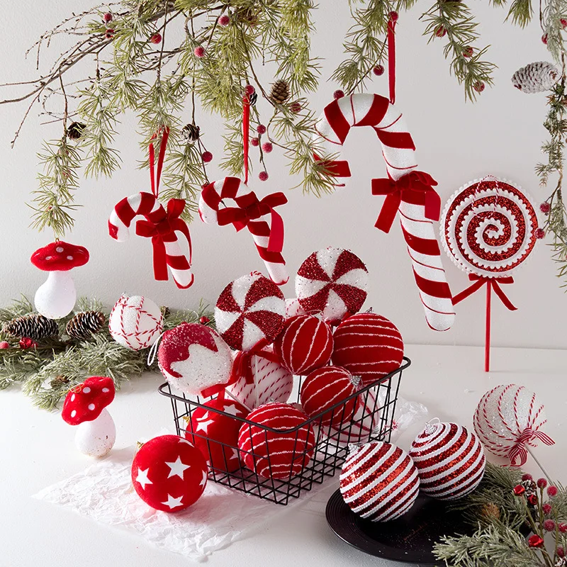 

Christmas Ornaments Red Velvet Foam Decorations Christmas Balls Canes Candies Christmas Trees Decorative Pendants