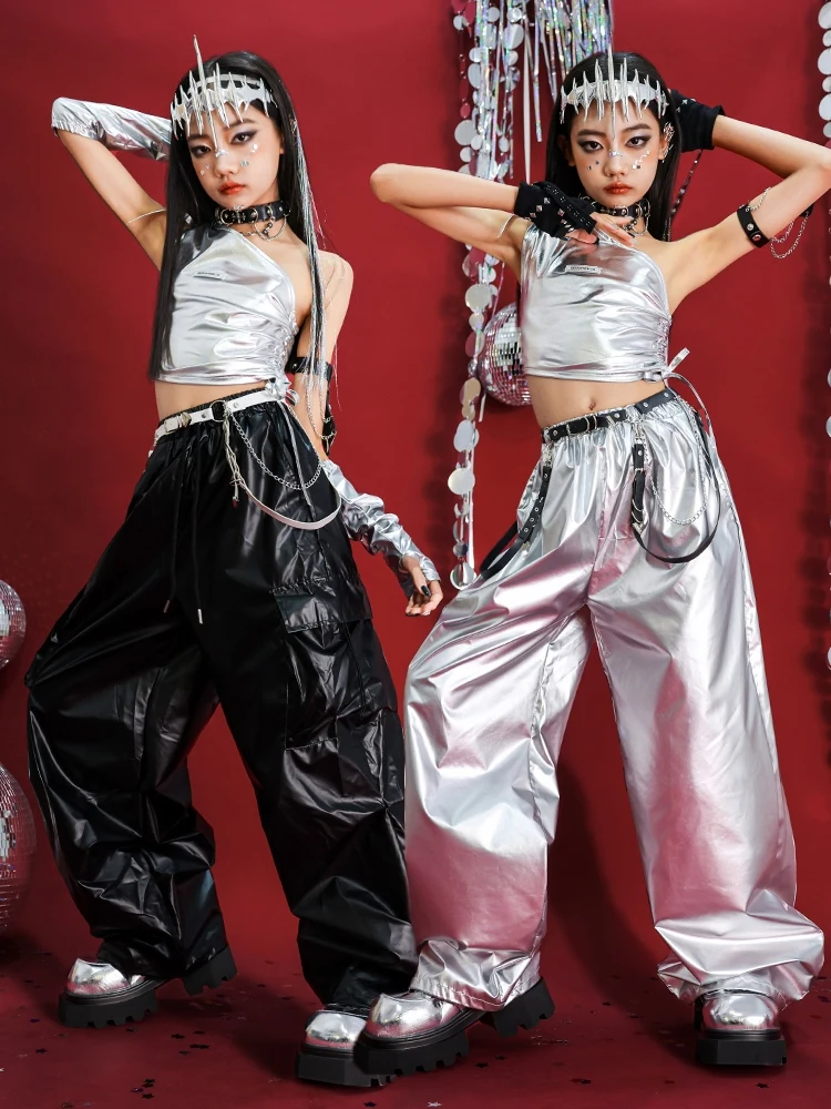 Kpop Jazz danse scène Costume filles argent haut court Shuffle pantalon Hip Hop ensemble mode défilés spectacle tenue rue Dancewear 2214