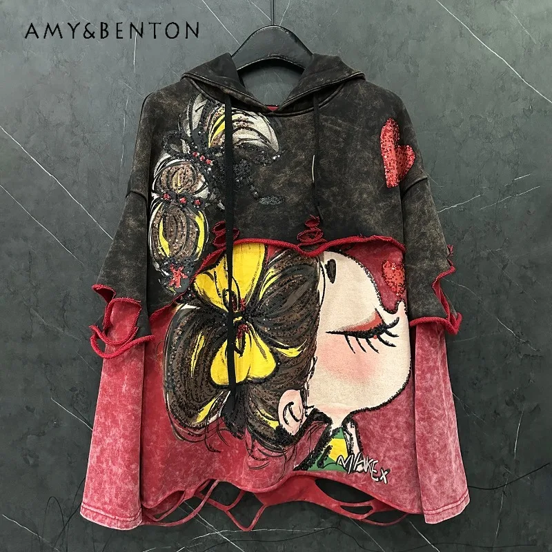 Unique Design Distressed Fake 2-Piece Cartoon Little Girl Hooded Color Block Sweatshirt Loose Casual Top Autumn New Hoodie Women