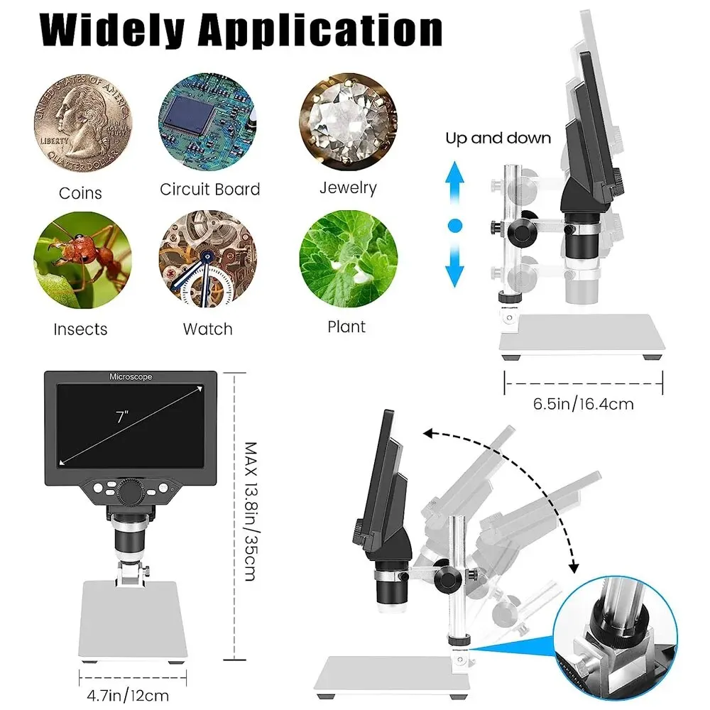 1200X Digital Microscope 12MP Electronic Video Microscopes 7 Inch HD LCD Soldering Phone Repair Magnifier Metal Stand PC View