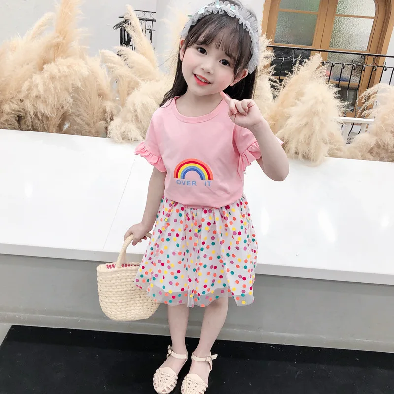 Baby Girl Clothes Set Rainbow T-shirt+Tulle Skirt 2Pcs Suit Kid Outfit Children Clothing Summer Toddler Girl Two-Piece A866