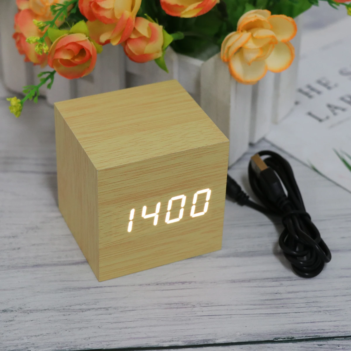 

Voice Control Led Wooden Clock Silent Alarm With Usb Charging Square Digital Mirror Design For Bedroom Desk Table Decor Light