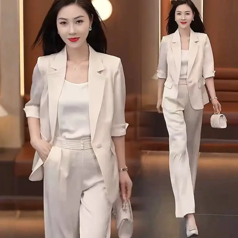Fashion Casual Set for Women's Spring and Summer New Korean Version High-end Satin Jacquard Thin Small Suit Three Piece Set