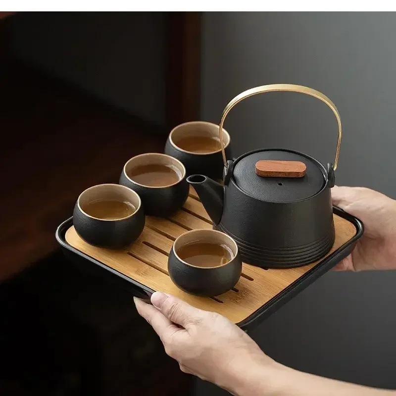 Quality Chinese Tea Set Hand-held Black Ceramic Teapot  Set Kung Fu Tea Box Purple Sand Charm Tea Pet