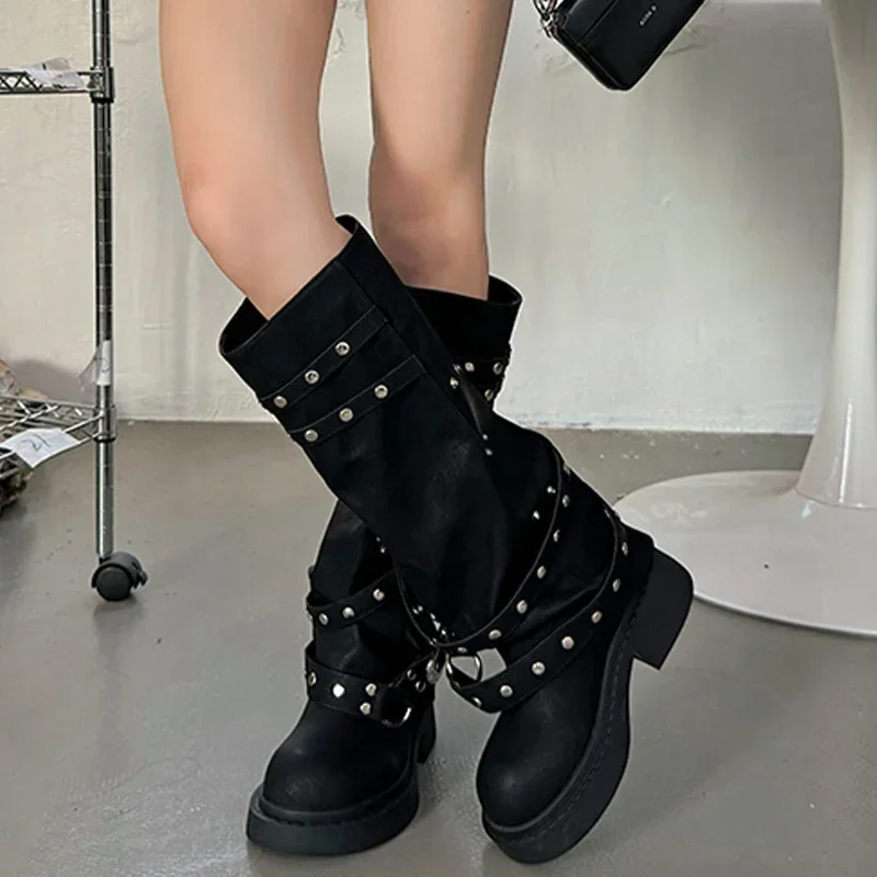 Women Mid Heels High Boots Leather Fashion New Knee High Shoes Woman Desigenr Chelsea Boots Walking Punk Mujer Motorcycle Boots