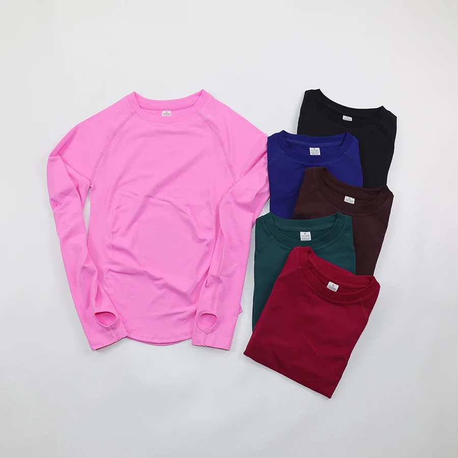 

Round Neck Long Sleeve Gym Top Women High Stretch Seamless Yoga Shirts with Thumb Holes Body Fit Workout Tops Pilates Clothes