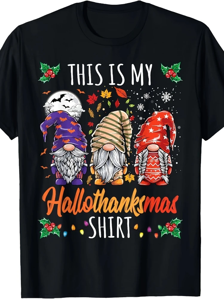 

Halloween & Thanksgiving-with 3 Festive Gnomes, Autumn Leaves & Snowflakes Design-100% cotton printed men's T-shirt.