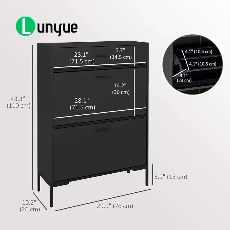 Modern Metal Shoe Cabinet 3 Flip Drawers No Assembly Required Storage Rack for Hotel Apartment Entryway Space Saving